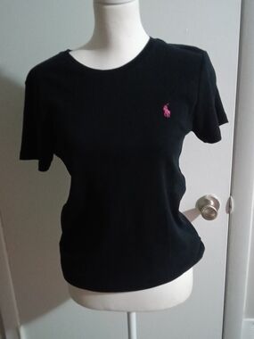 Ralph Lauren Black Short Sleeve Tee with Pink Pony Embroidery